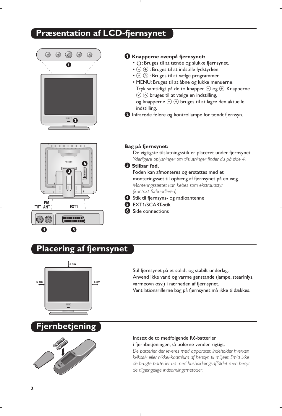 Fjernbetjening, Præsentation af lcd-fjernsynet, Placering af fjernsynet | Philips Téléviseur User Manual | Page 62 / 120