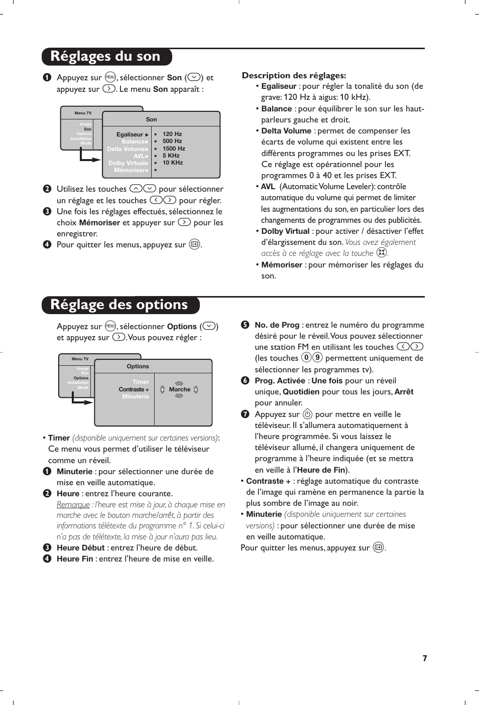 Réglages du son, Réglage des options | Philips Téléviseur User Manual | Page 7 / 120