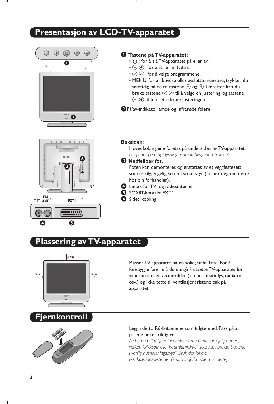 Fjernkontroll, Presentasjon av lcd-tv-apparatet, Plassering av tv-apparatet | Philips Téléviseur User Manual | Page 72 / 120