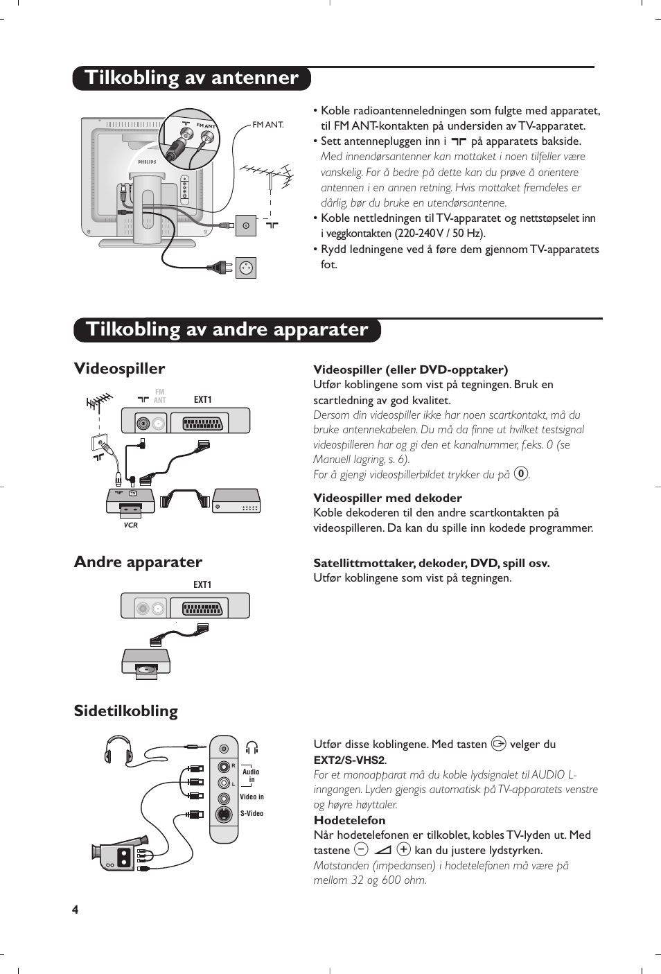 Tilkobling av antenner, Tilkobling av andre apparater, Sidetilkobling | Videospiller, Andre apparater | Philips Téléviseur User Manual | Page 74 / 120