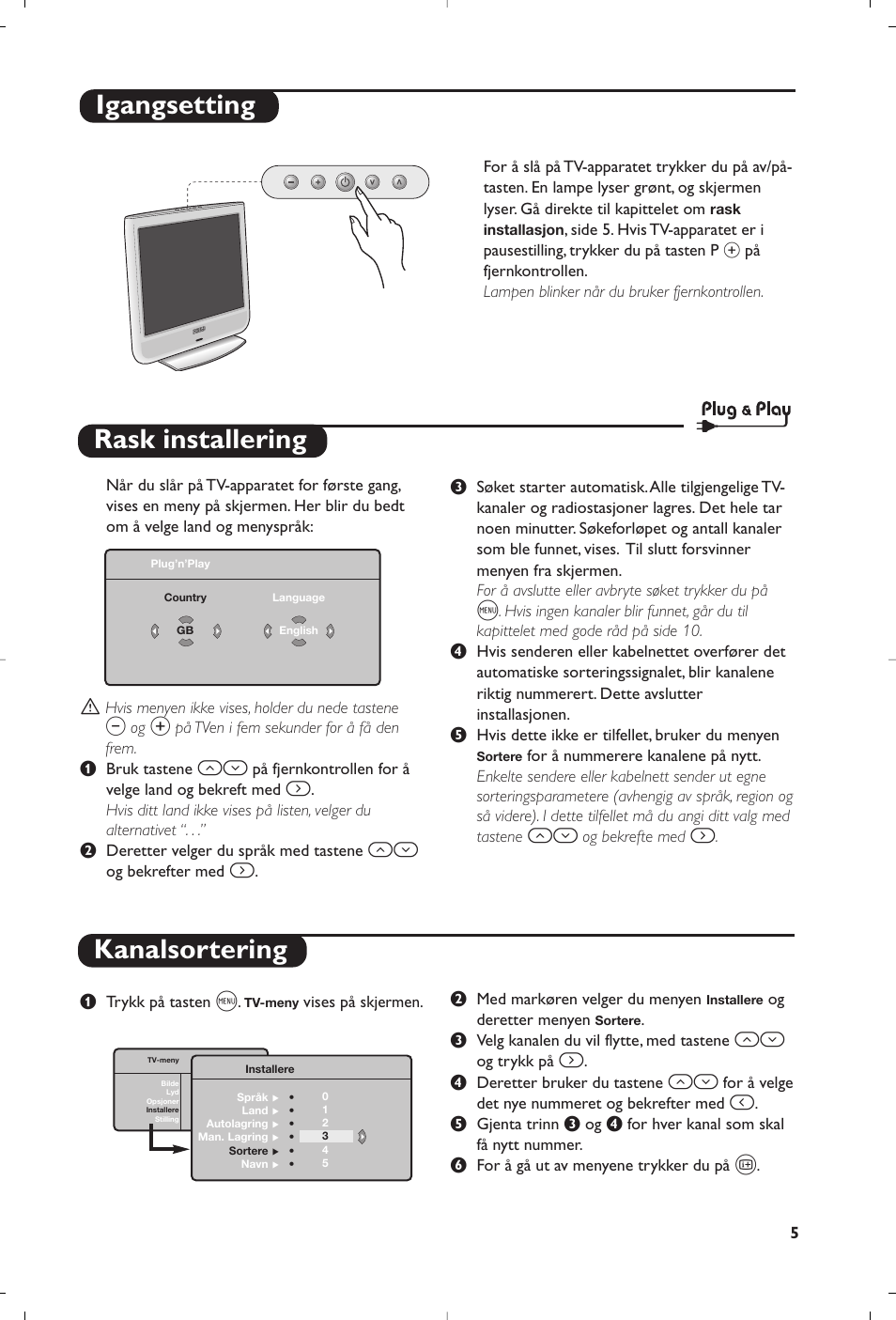 Rask installering kanalsortering, Igangsetting | Philips Téléviseur User Manual | Page 75 / 120