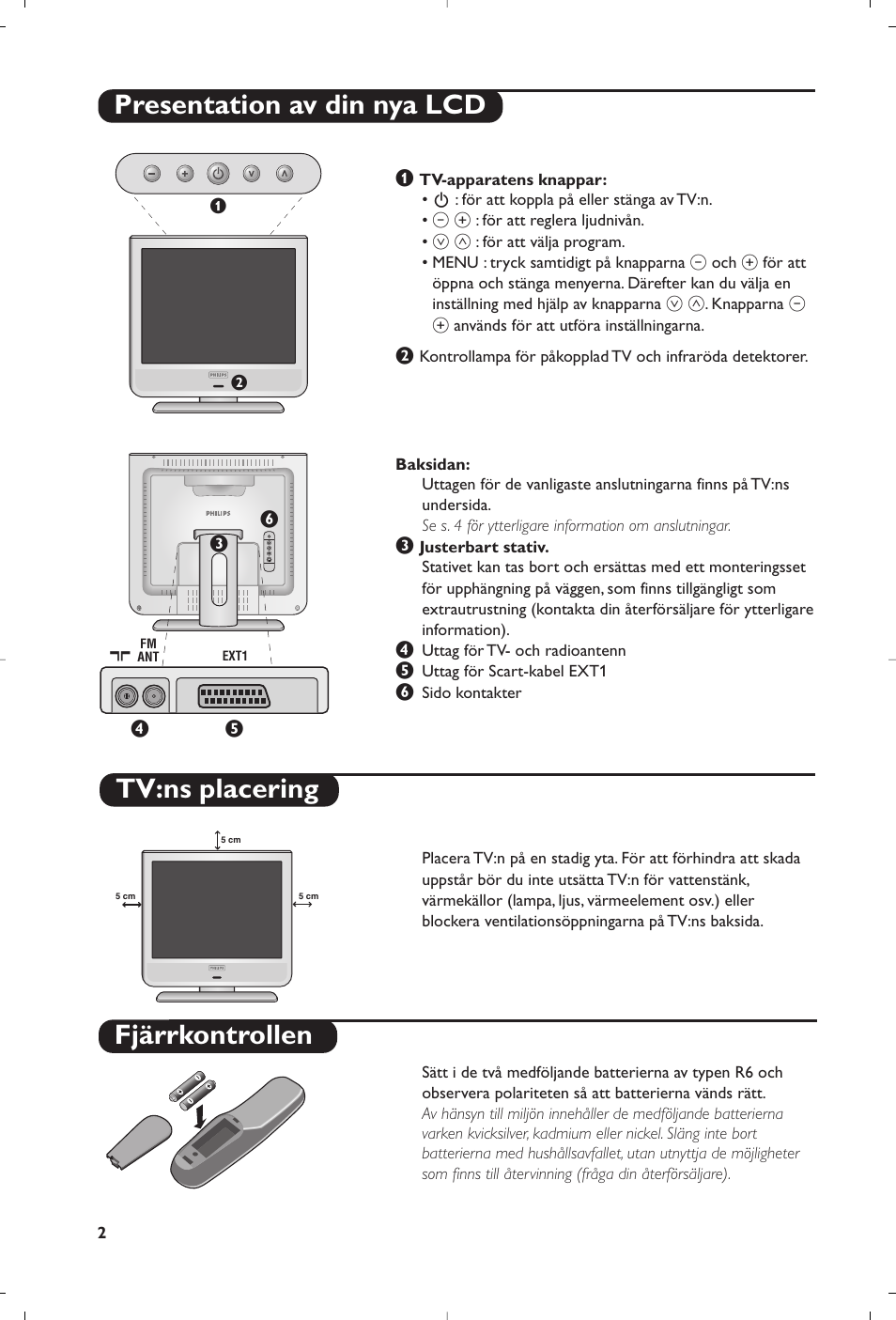 Fjärrkontrollen, Presentation av din nya lcd, Tv:ns placering | Philips Téléviseur User Manual | Page 82 / 120