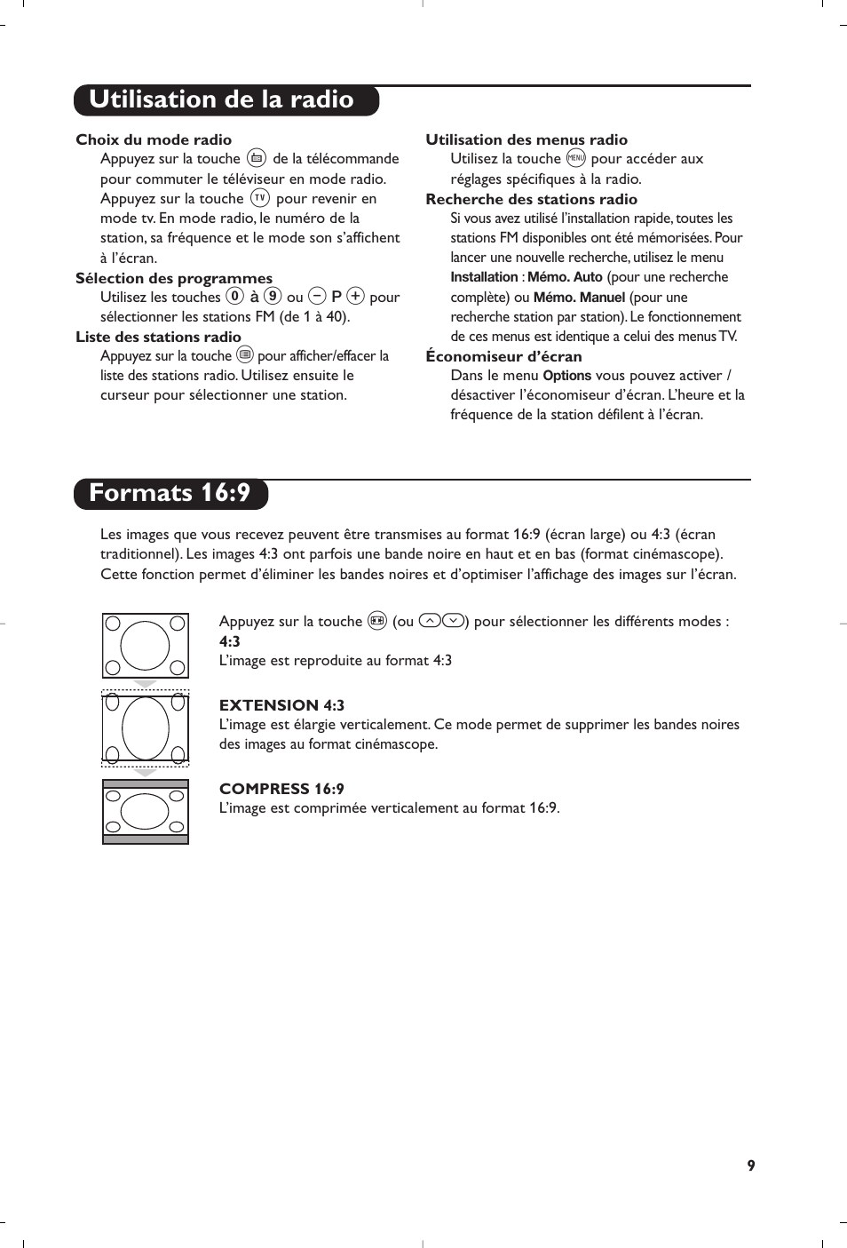 Utilisation de la radio, Formats 16:9 | Philips Téléviseur User Manual | Page 9 / 120