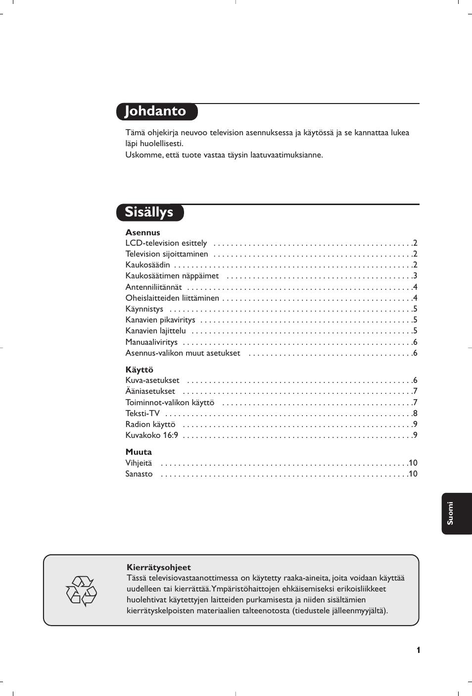 Johdanto sisällys | Philips Téléviseur User Manual | Page 91 / 120