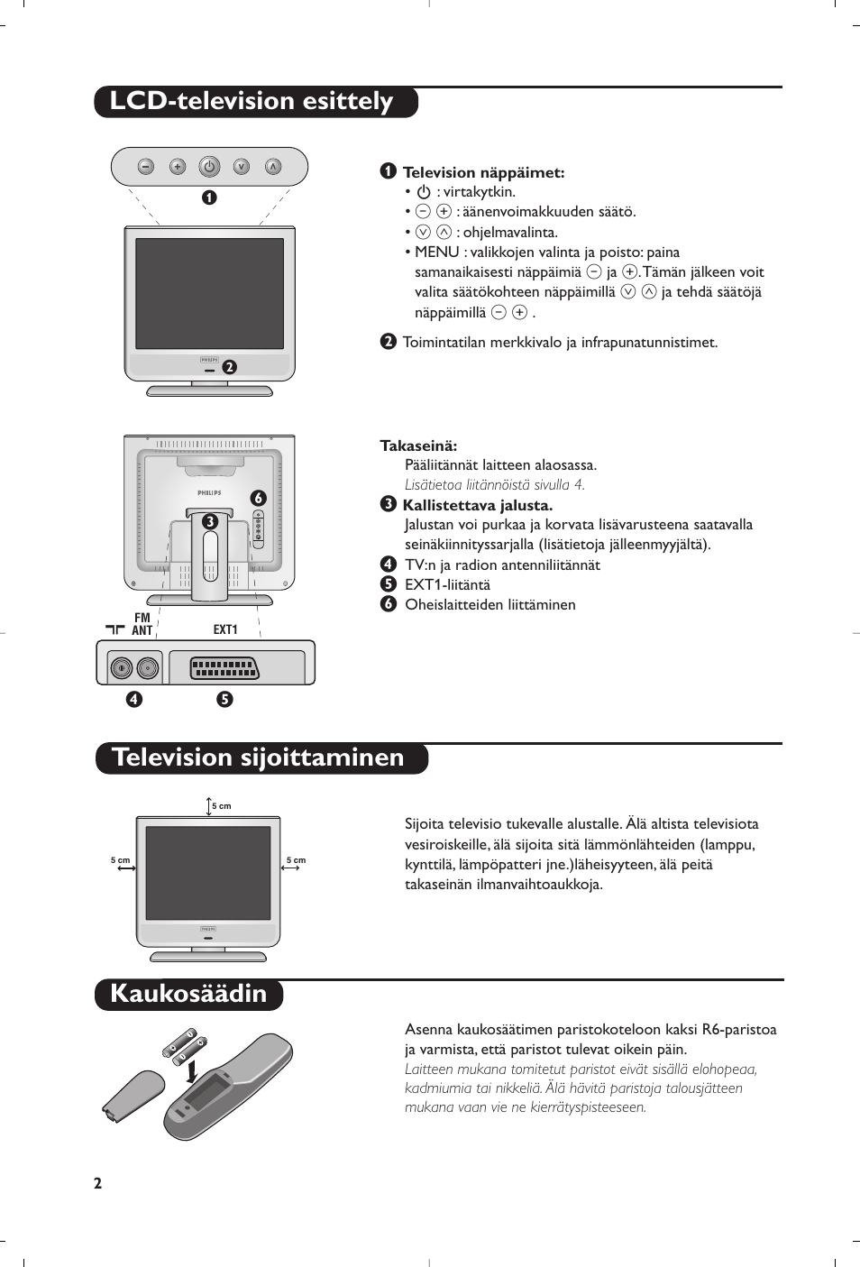 Kaukosäädin, Lcd-television esittely, Television sijoittaminen | Philips Téléviseur User Manual | Page 92 / 120