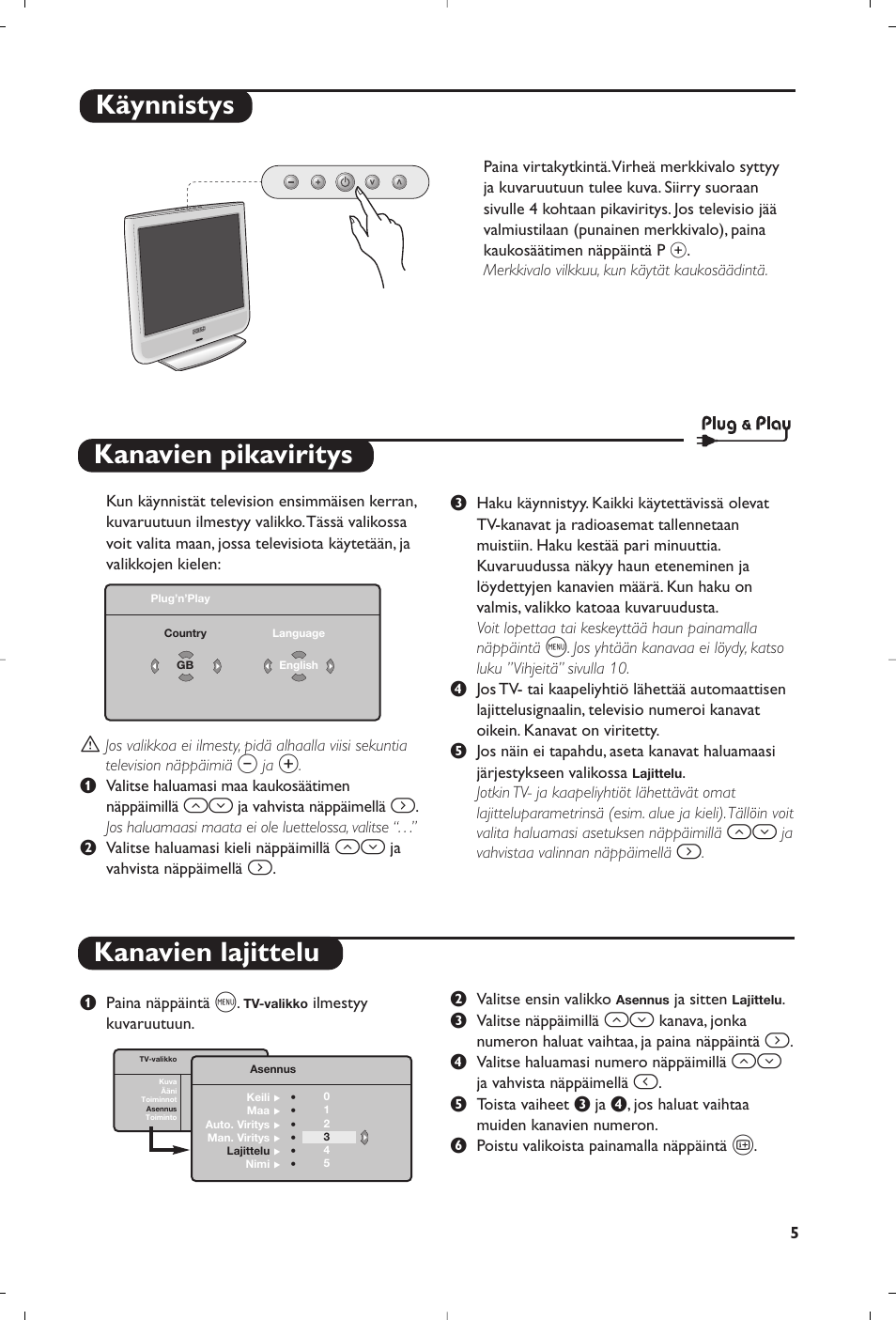 Kanavien pikaviritys kanavien lajittelu, Käynnistys | Philips Téléviseur User Manual | Page 95 / 120