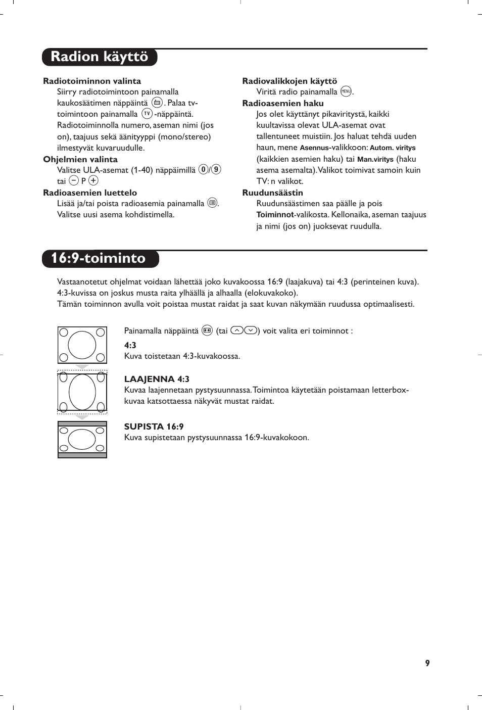 Radion käyttö, 9-toiminto | Philips Téléviseur User Manual | Page 99 / 120