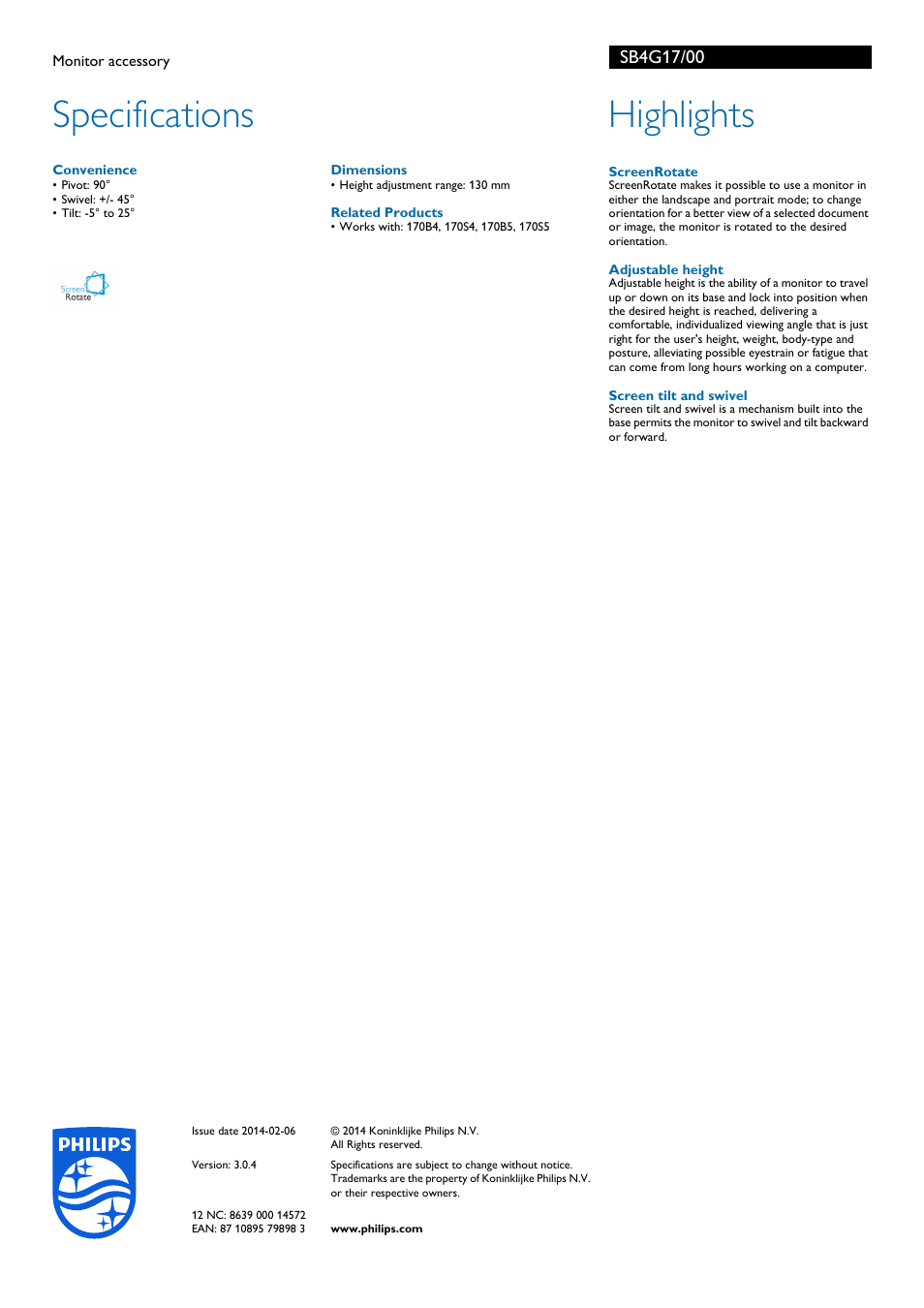 Specifications, Highlights | Philips accessoire pour moniteur User Manual | Page 2 / 2