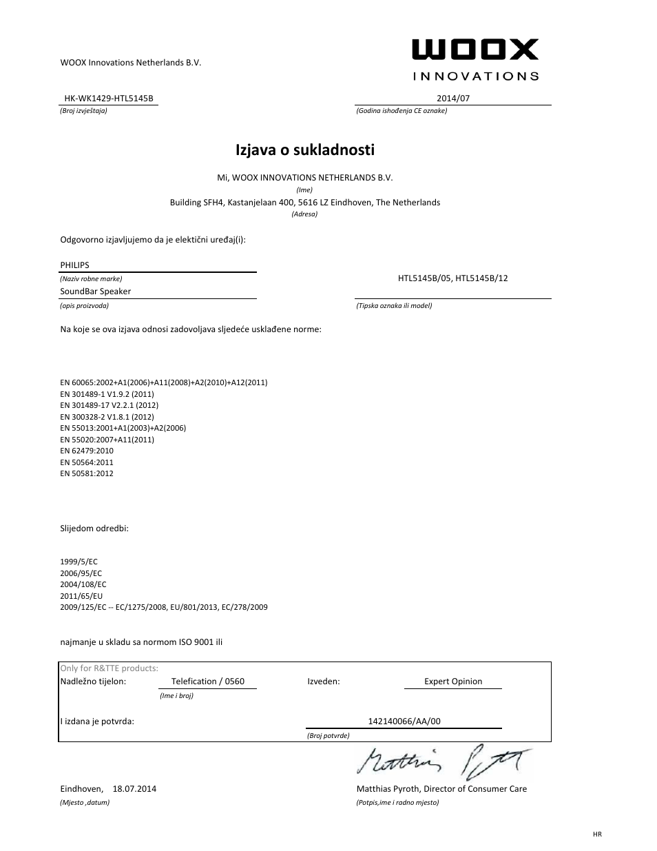 Izjava o sukladnosti | Philips Barre de son User Manual | Page 16 / 21