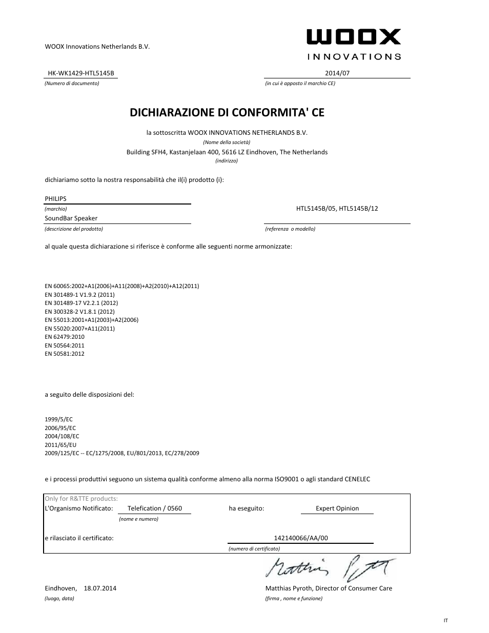 Dichiarazione di conformita' ce | Philips Barre de son User Manual | Page 9 / 21