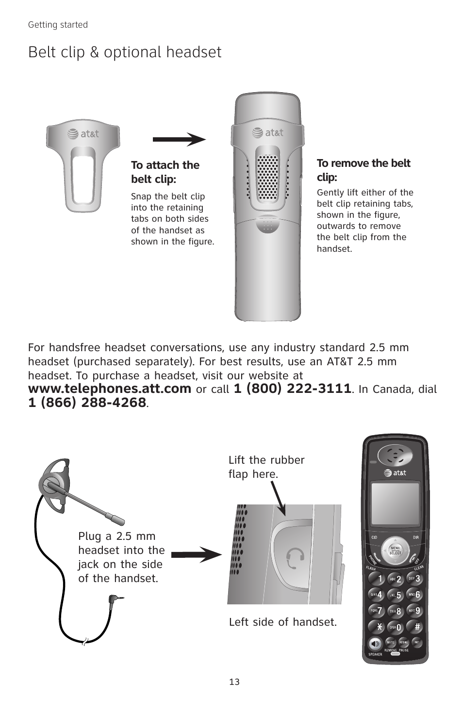 Belt clip & optional headset | AT&T TL74258 User Manual | Page 18 / 97
