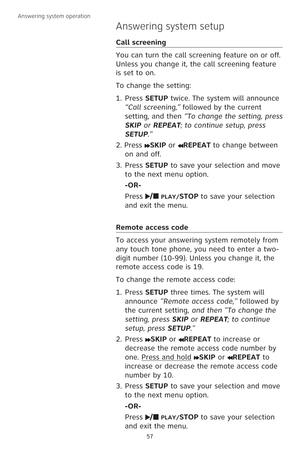 Answering system setup | AT&T TL74258 User Manual | Page 62 / 97