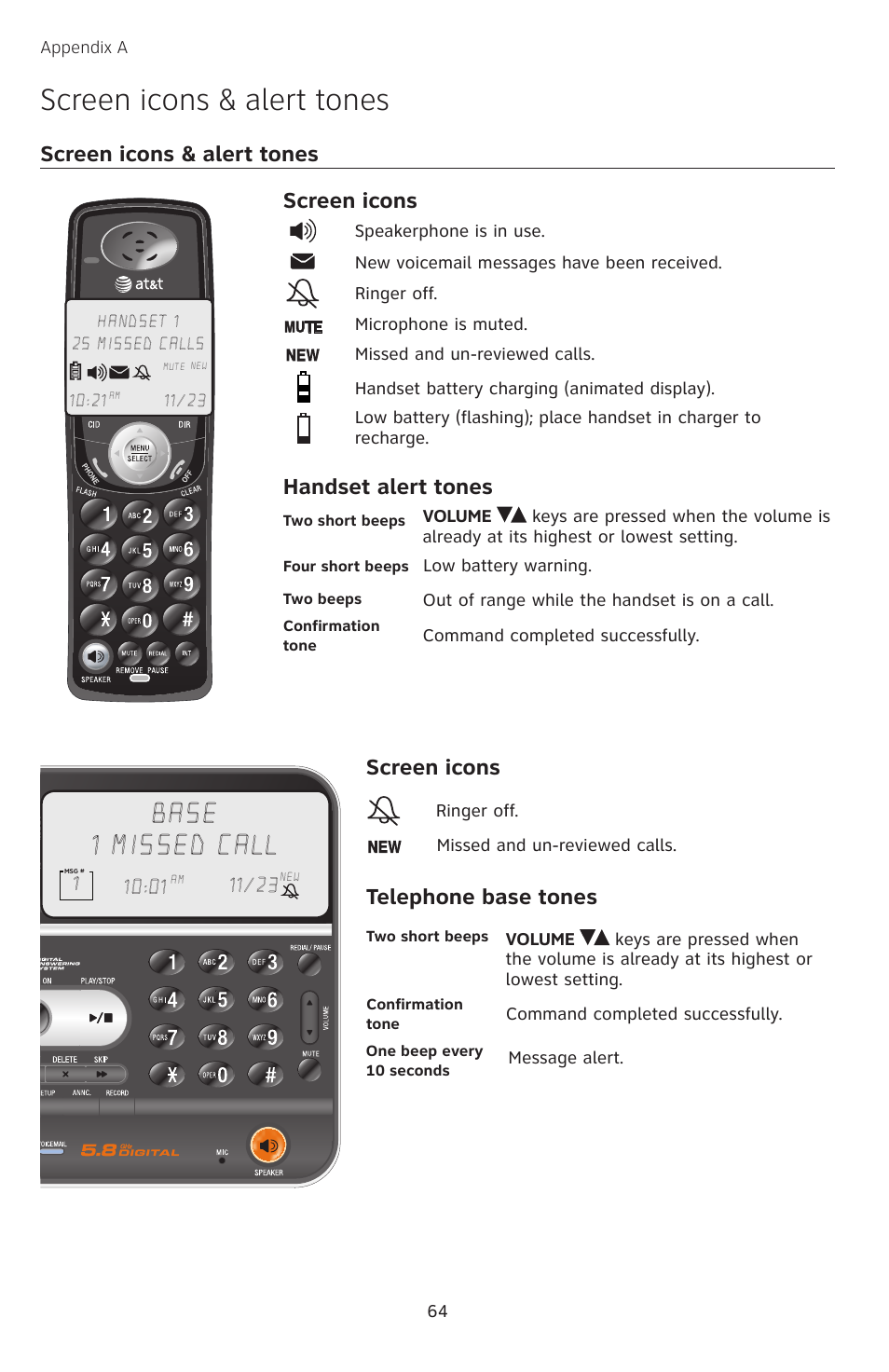 Screen icons & alert tones, Base 1 missed call, Screen icons handset alert tones | Telephone base tones, Screen icons | AT&T TL74258 User Manual | Page 69 / 97