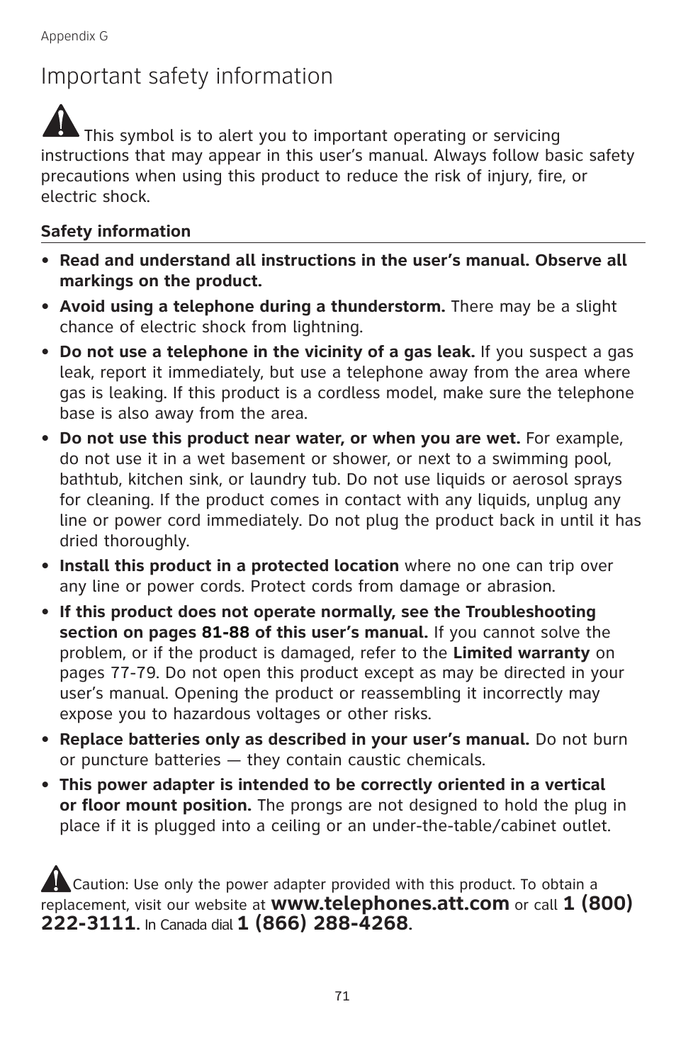 Important safety information | AT&T TL74258 User Manual | Page 76 / 97