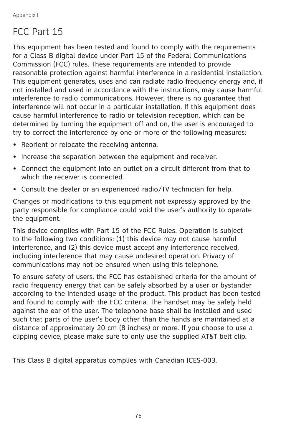 Fcc part 15 | AT&T TL74258 User Manual | Page 81 / 97