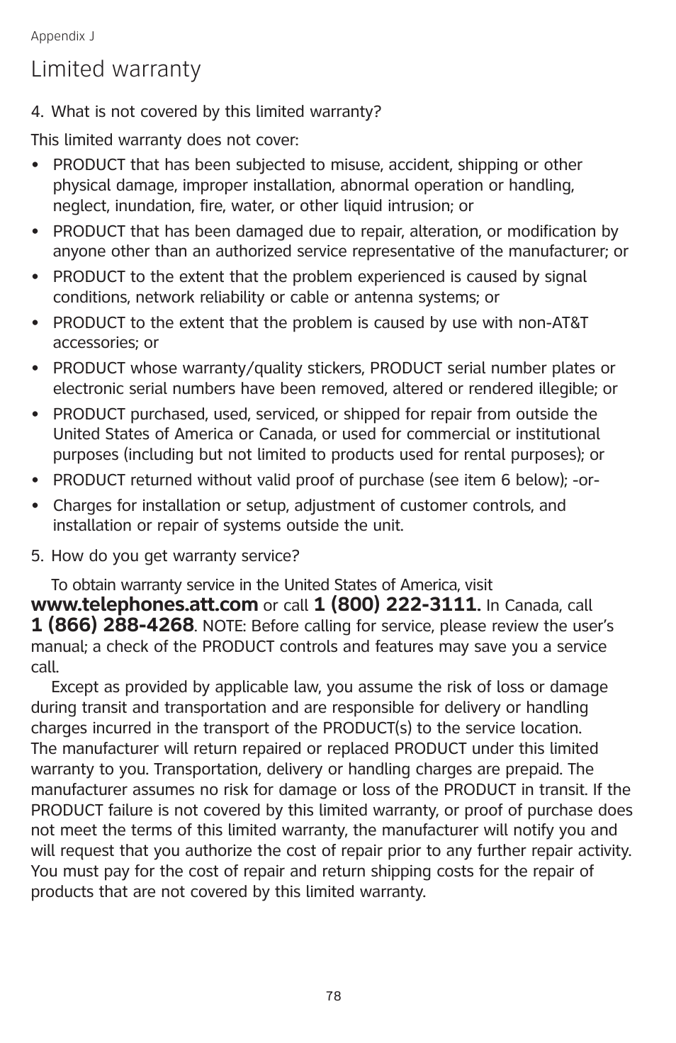 Limited warranty | AT&T TL74258 User Manual | Page 83 / 97