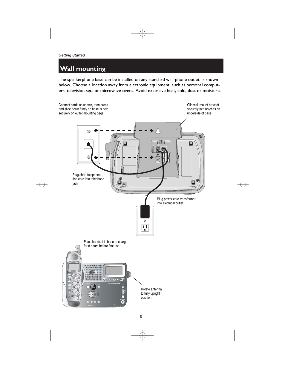 Wall mounting, Plug short telephone line cord into telephone jack, Plug power cord transformer into electrical outlet | AT&T E2525 User Manual | Page 10 / 60