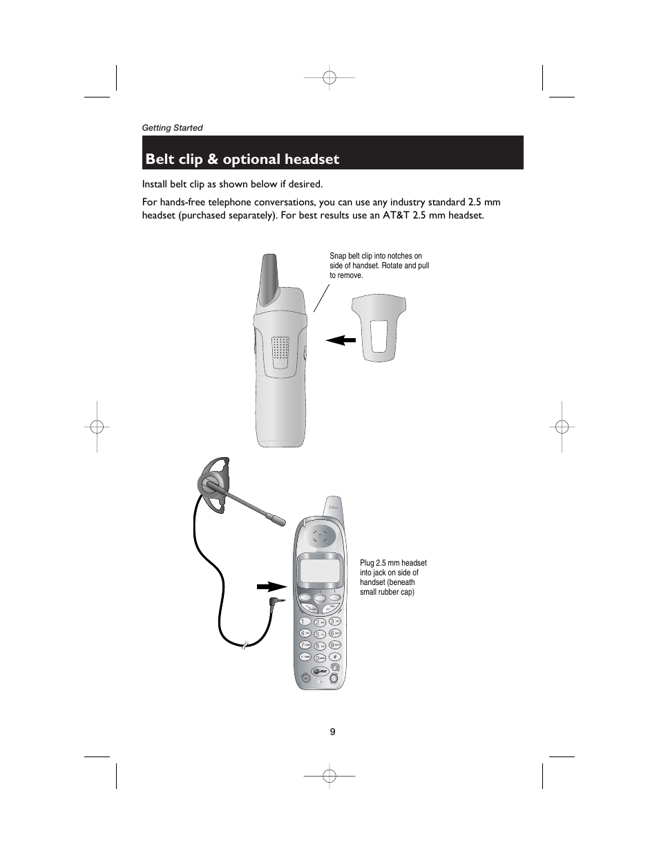 Belt clip & optional headset | AT&T E2525 User Manual | Page 11 / 60