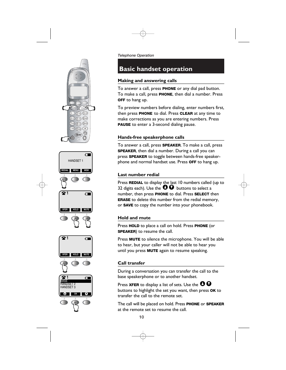 Telephone operation, Basic handset operation, Making and answering calls | Hands-free speakerphone calls, Last number redial, Hold and mute, Call transfer | AT&T E2525 User Manual | Page 12 / 60