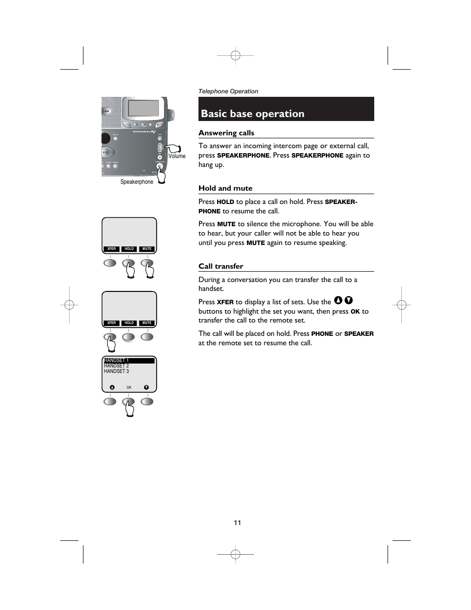 Basic base operation, Answering calls, Hold and mute | Call transfer | AT&T E2525 User Manual | Page 13 / 60