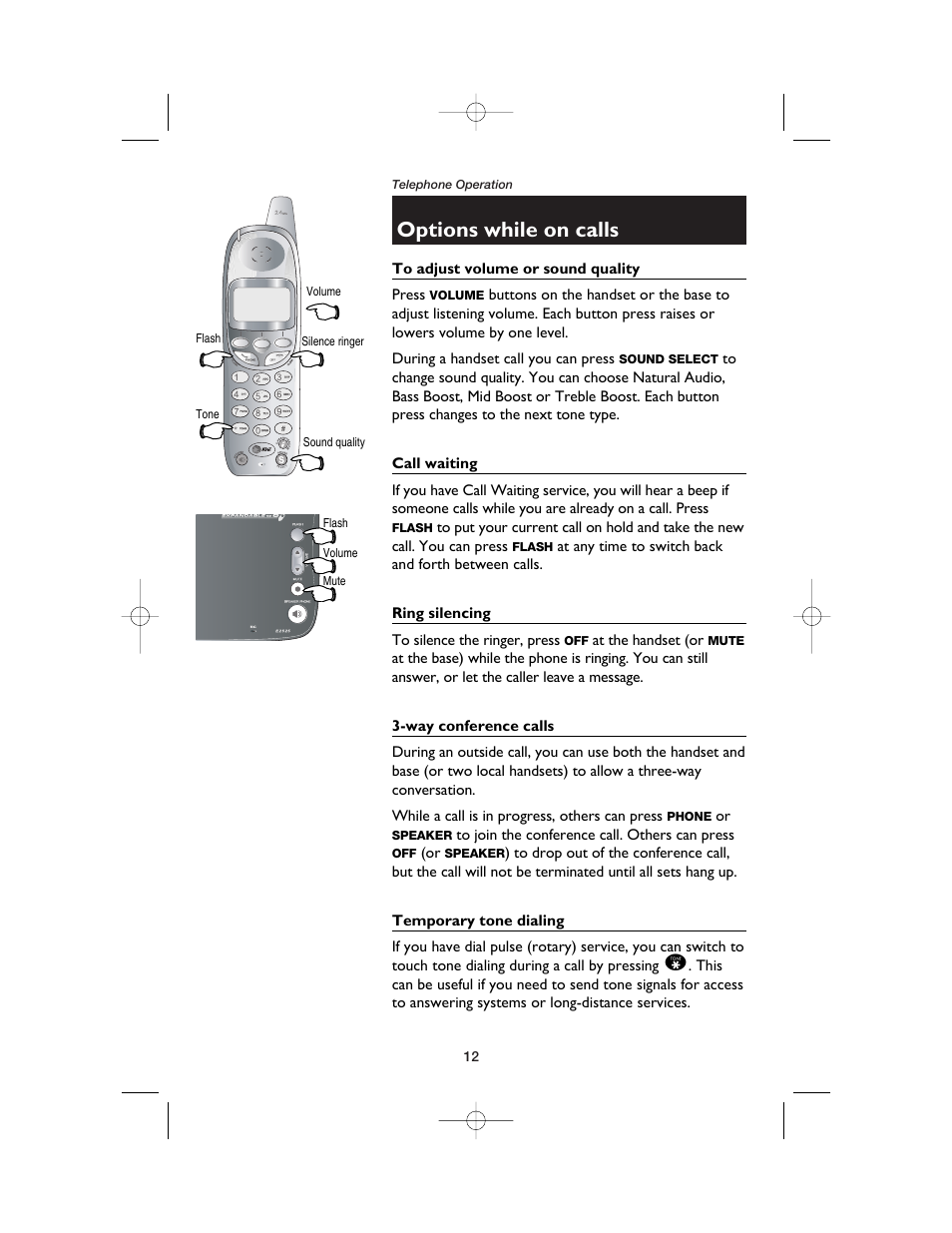 Options while on calls, To adjust volume or sound quality, Call waiting | Ring silencing, Way conference calls, Temporary tone dialing | AT&T E2525 User Manual | Page 14 / 60