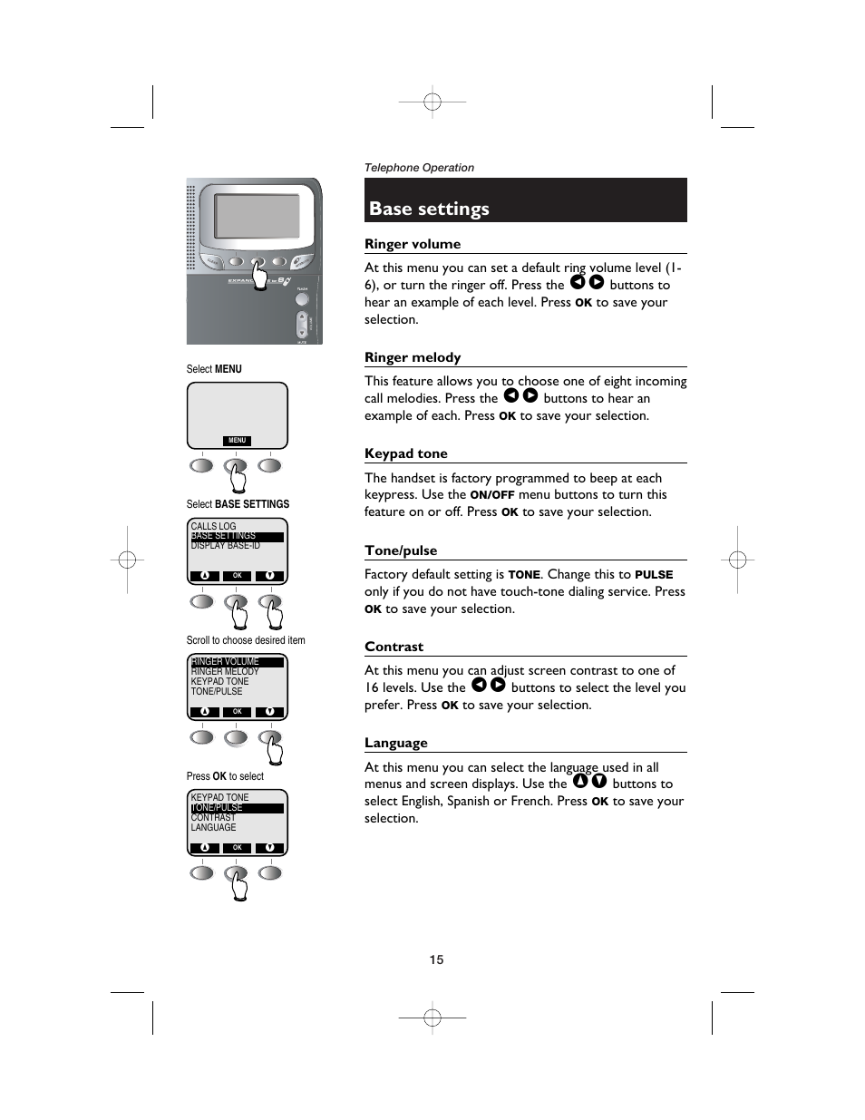Base settings, Ringer volume, Ringer melody | Keypad tone, Tone/pulse, Contrast, Language | AT&T E2525 User Manual | Page 17 / 60