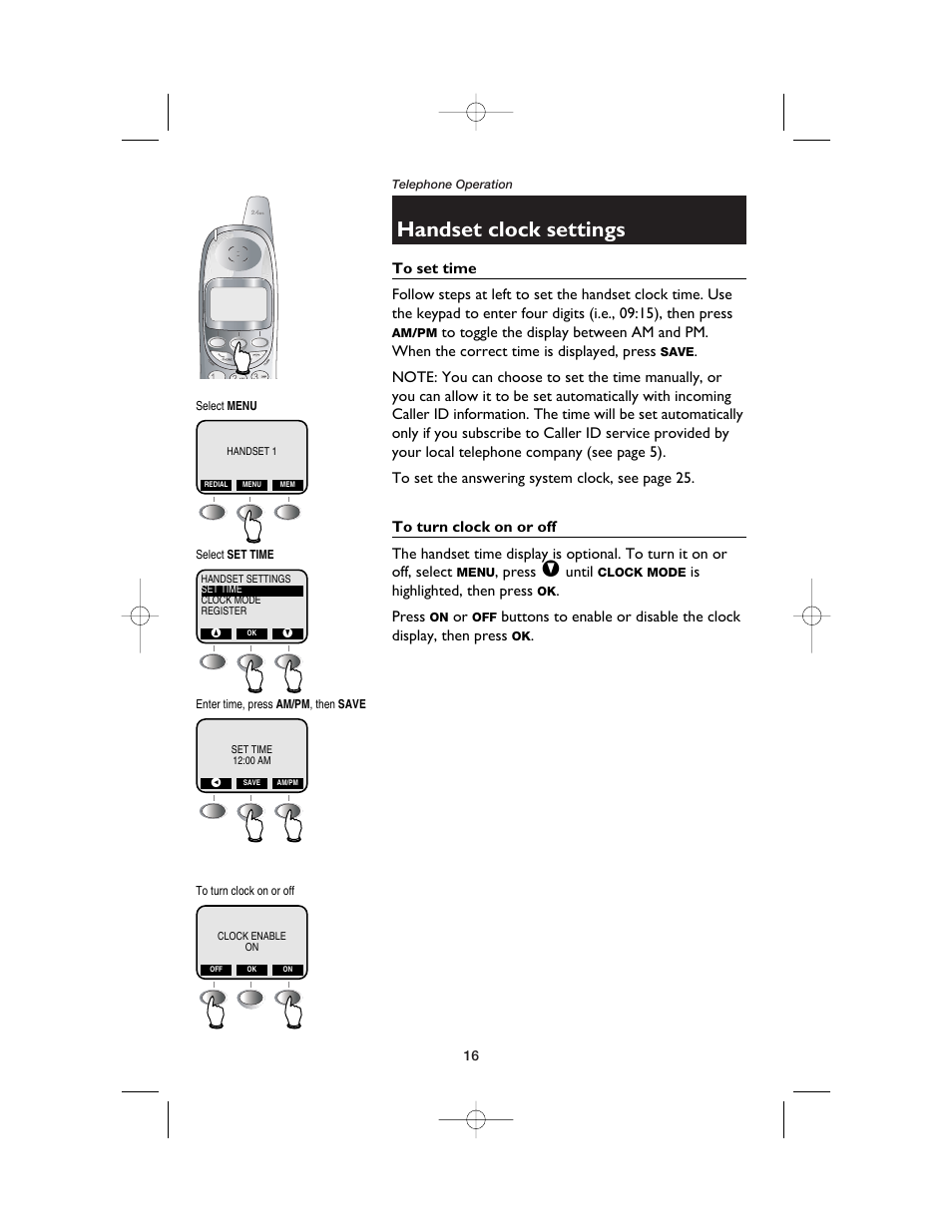 Handset clock settings, To set time, To turn clock on or off | AT&T E2525 User Manual | Page 18 / 60