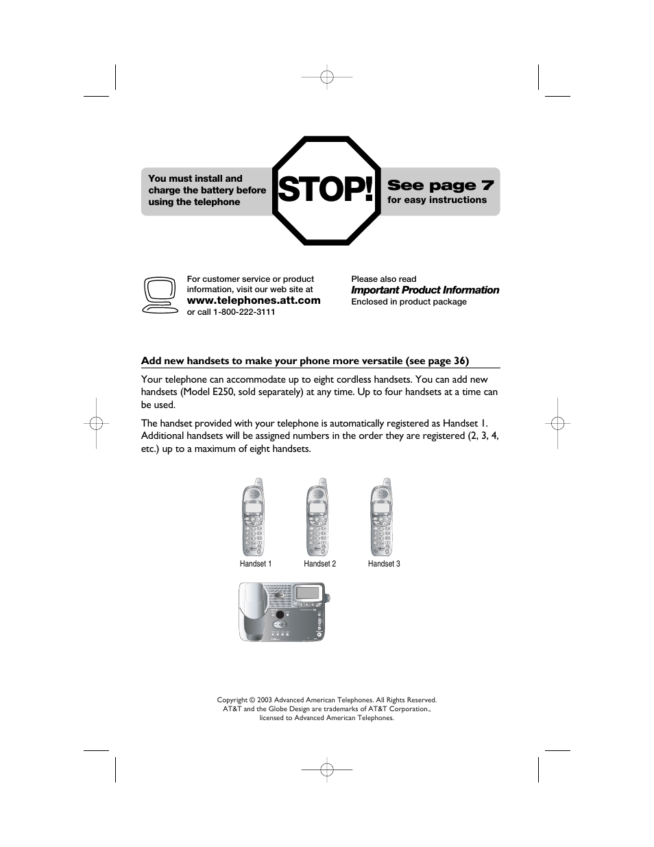 Stop, See page 7 | AT&T E2525 User Manual | Page 2 / 60