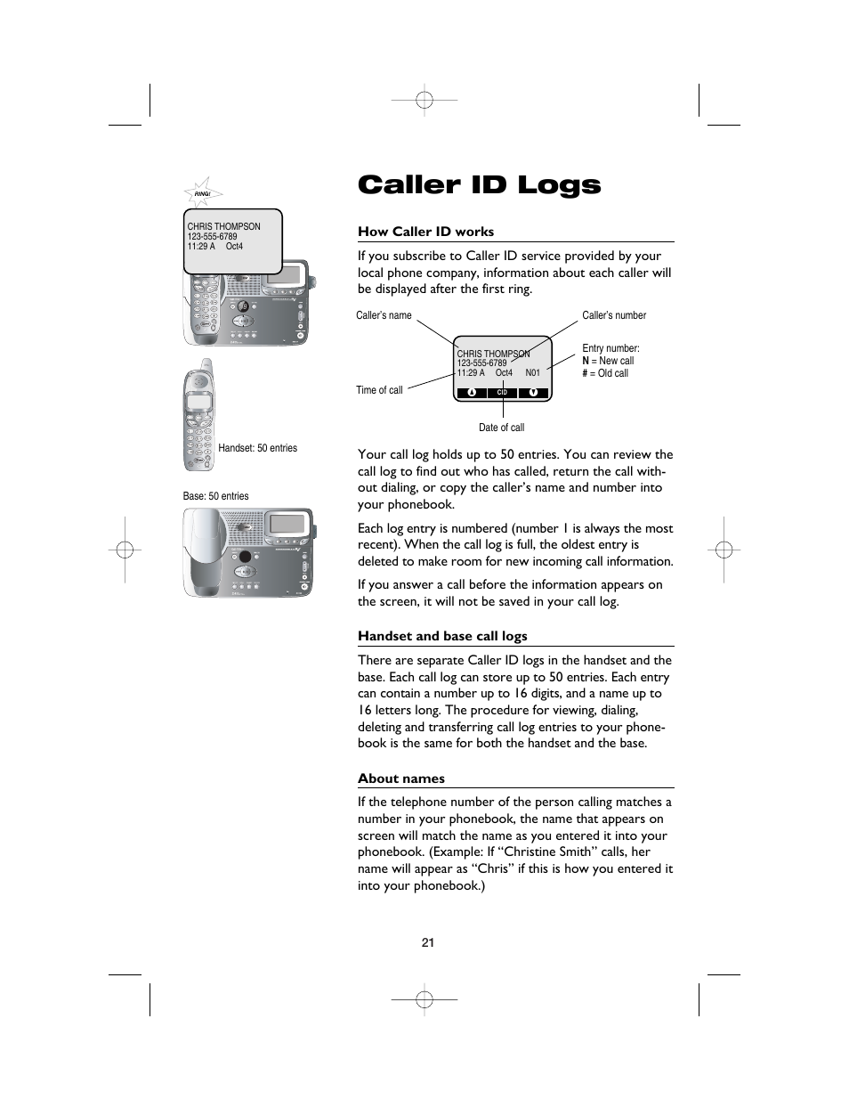 Caller id logs, How caller id works, Handset and base call logs | About names | AT&T E2525 User Manual | Page 23 / 60