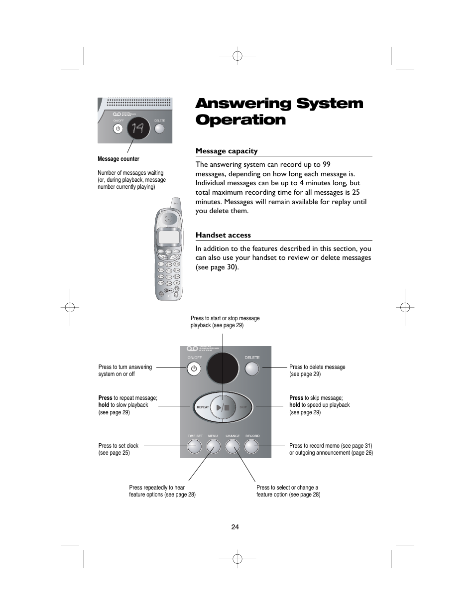 Answering system operation, Message capacity, Handset access | AT&T E2525 User Manual | Page 26 / 60