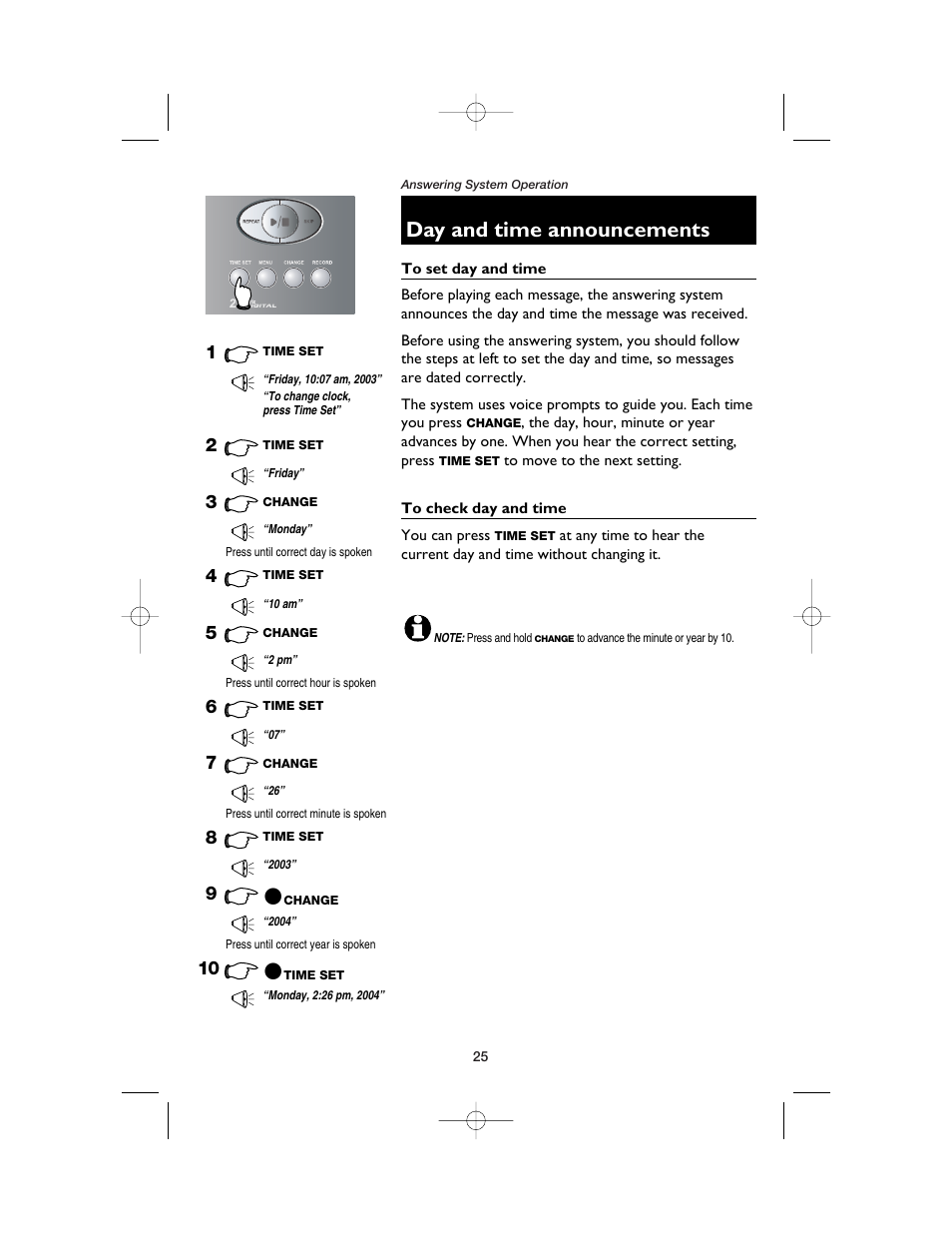 Day and time announcements, To set day and time, To check day and time | AT&T E2525 User Manual | Page 27 / 60