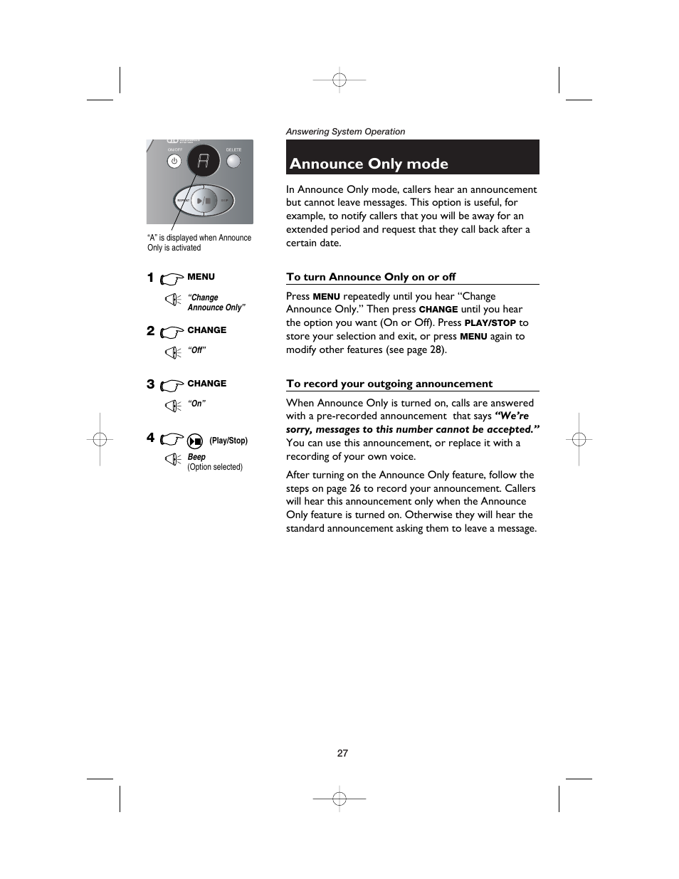 Announce only mode, To turn announce only on or off, To record your outgoing announcement | AT&T E2525 User Manual | Page 29 / 60