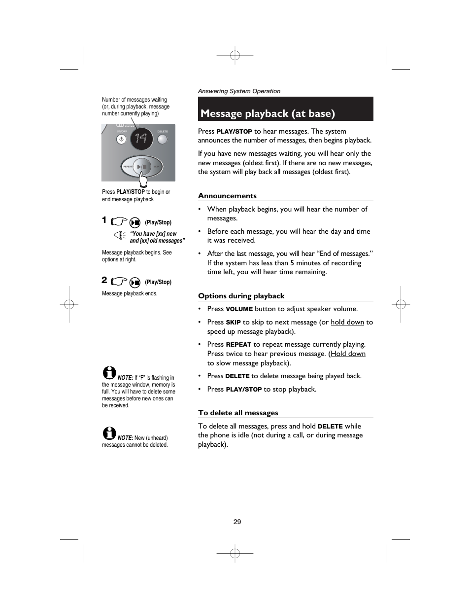 Message playback (at base), Announcements, Options during playback | To delete all messages | AT&T E2525 User Manual | Page 31 / 60