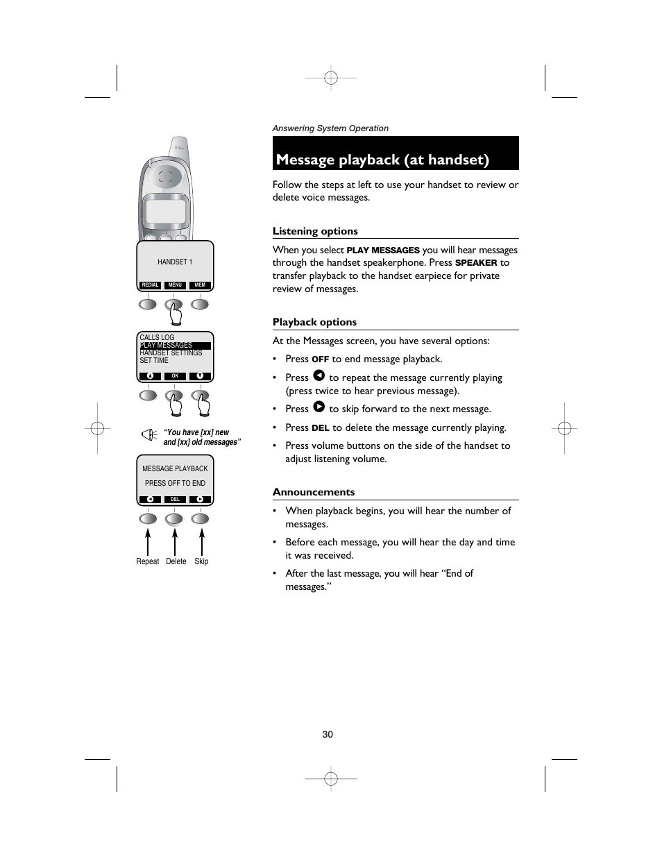 Message playback (at handset), Listening options, Playback options | Announcements | AT&T E2525 User Manual | Page 32 / 60