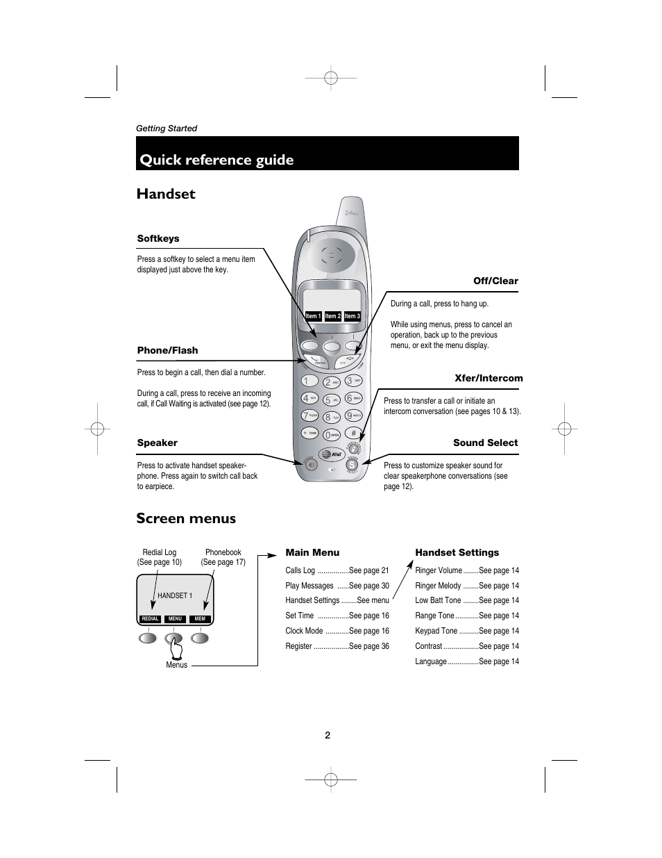 Quick reference guide, Handset, Softkeys | Phone/flash, Speaker, Off/clear, Xfer/intercom, Sound select, Screen menus | AT&T E2525 User Manual | Page 4 / 60