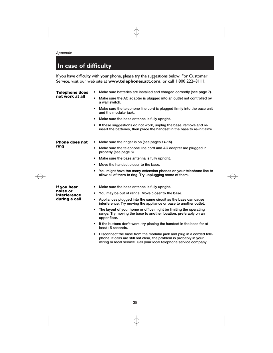 In case of difficulty, Telephone does not work at all, Phone does not ring | If you hear noise or interference during a call | AT&T E2525 User Manual | Page 40 / 60
