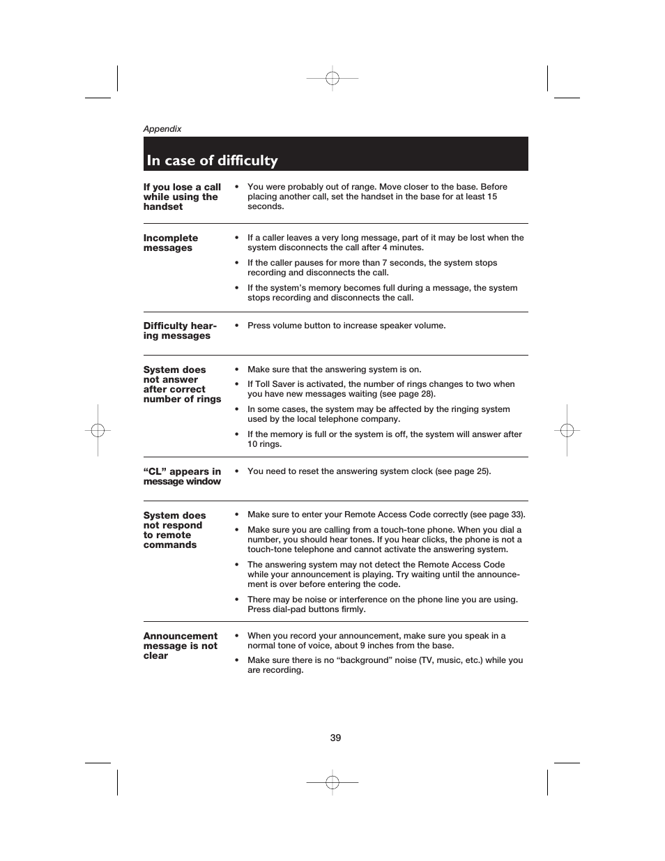 If you lose a call while using the handset, Incomplete messages, Difficulty hearing messages | Cl” appears in message window, System does not respond to remote commands, Announcement message is not clear | AT&T E2525 User Manual | Page 41 / 60