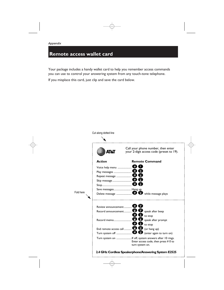 Remote access wallet card | AT&T E2525 User Manual | Page 45 / 60