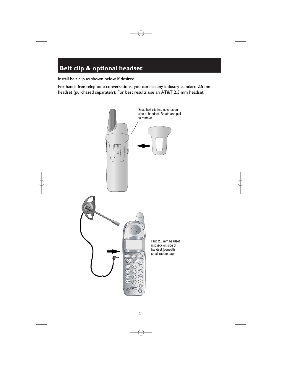Belt clip & optional headset | AT&T E2525 User Manual | Page 56 / 60