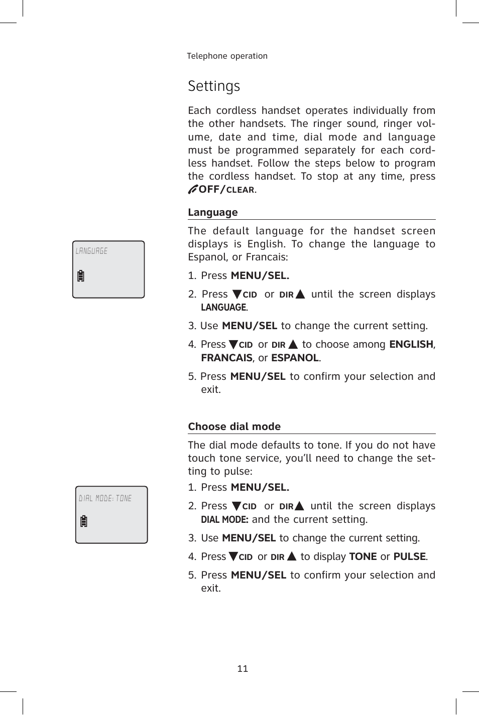 Telephone operation, Settings, Choose dial mode | Language | AT&T E1814B User Manual | Page 14 / 65