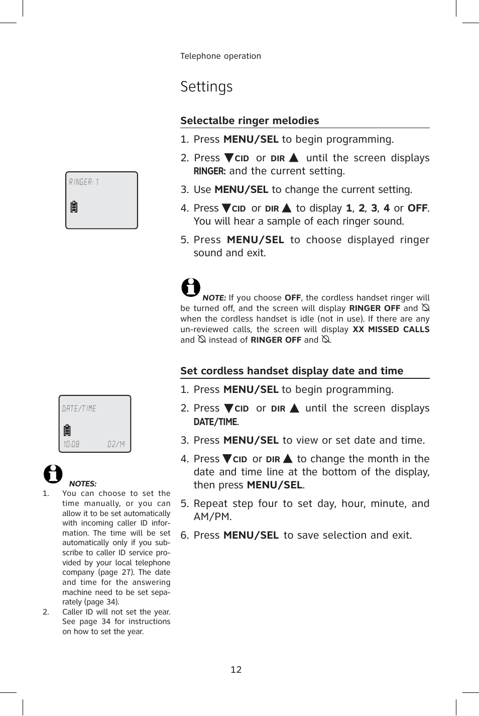 Selectable ringer melodies, Set cordless handset display date and time, Settings | AT&T E1814B User Manual | Page 15 / 65