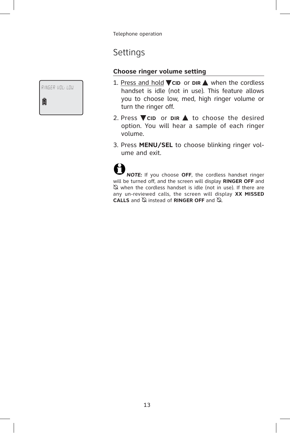 Choose ringer volume setting, Settings | AT&T E1814B User Manual | Page 16 / 65