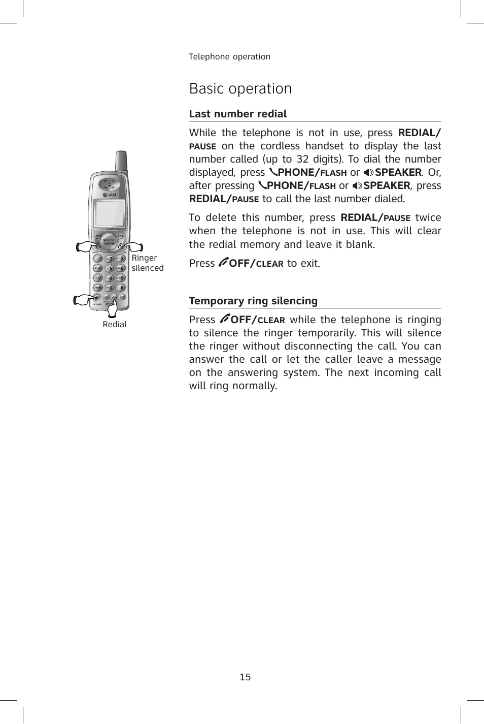 Last number redial, Temporary ring silencing, Basic operation | AT&T E1814B User Manual | Page 18 / 65
