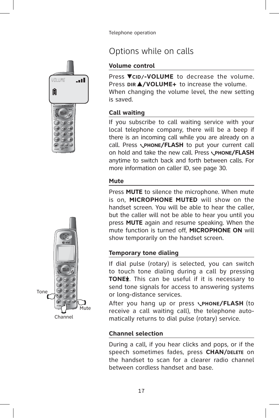 Options while on calls, Volume control, Call waiting | Mute, Temporary tone dialing, Channel selection | AT&T E1814B User Manual | Page 20 / 65