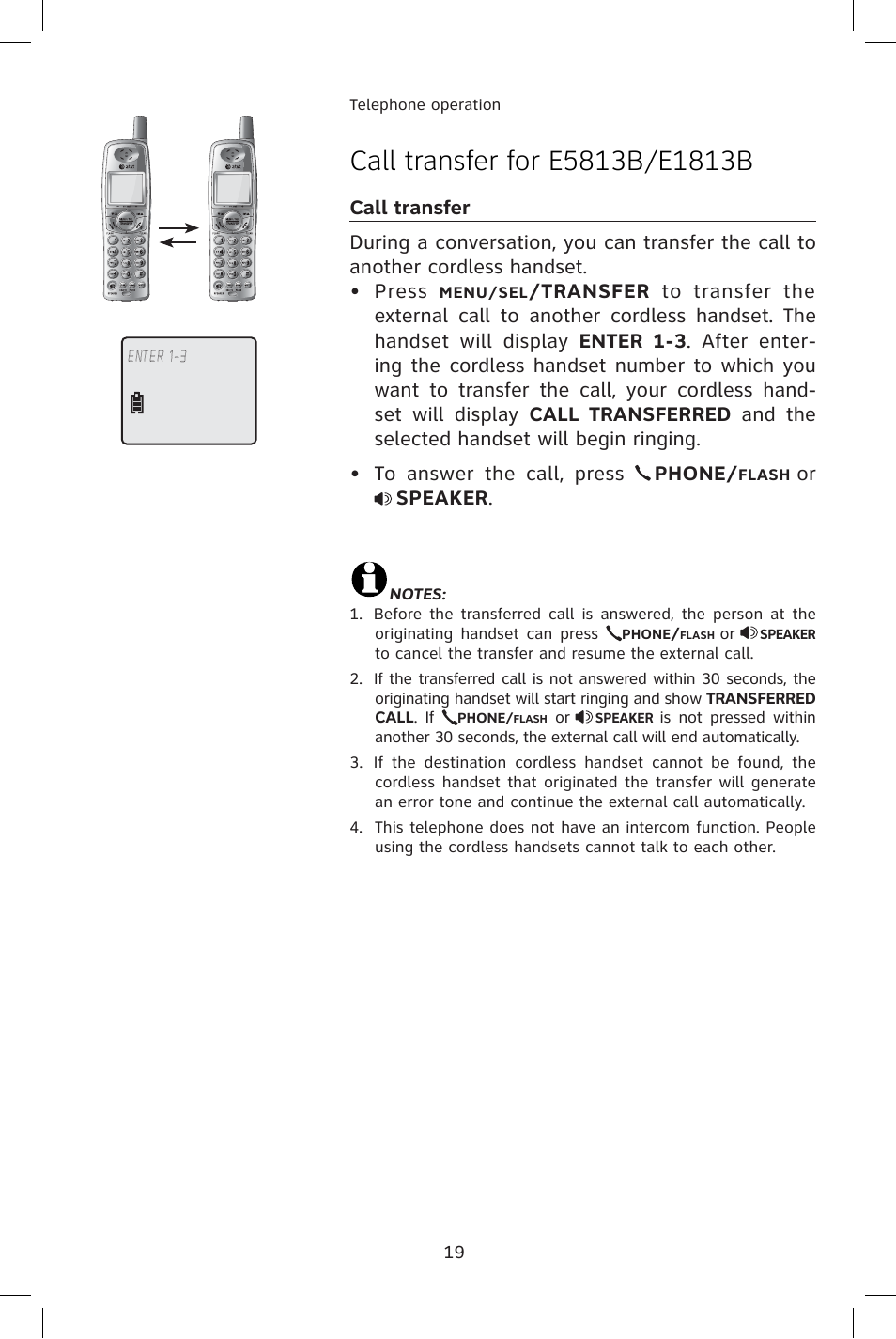 Call transfer for e5813b/e1813b, Or speaker | AT&T E1814B User Manual | Page 22 / 65