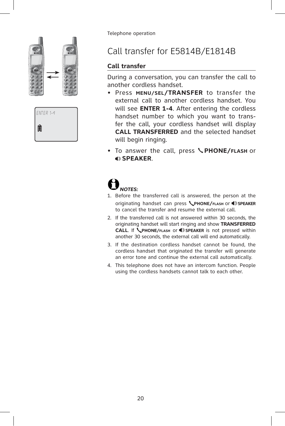 Call transfer for e5814b/e1814b, Or speaker | AT&T E1814B User Manual | Page 23 / 65