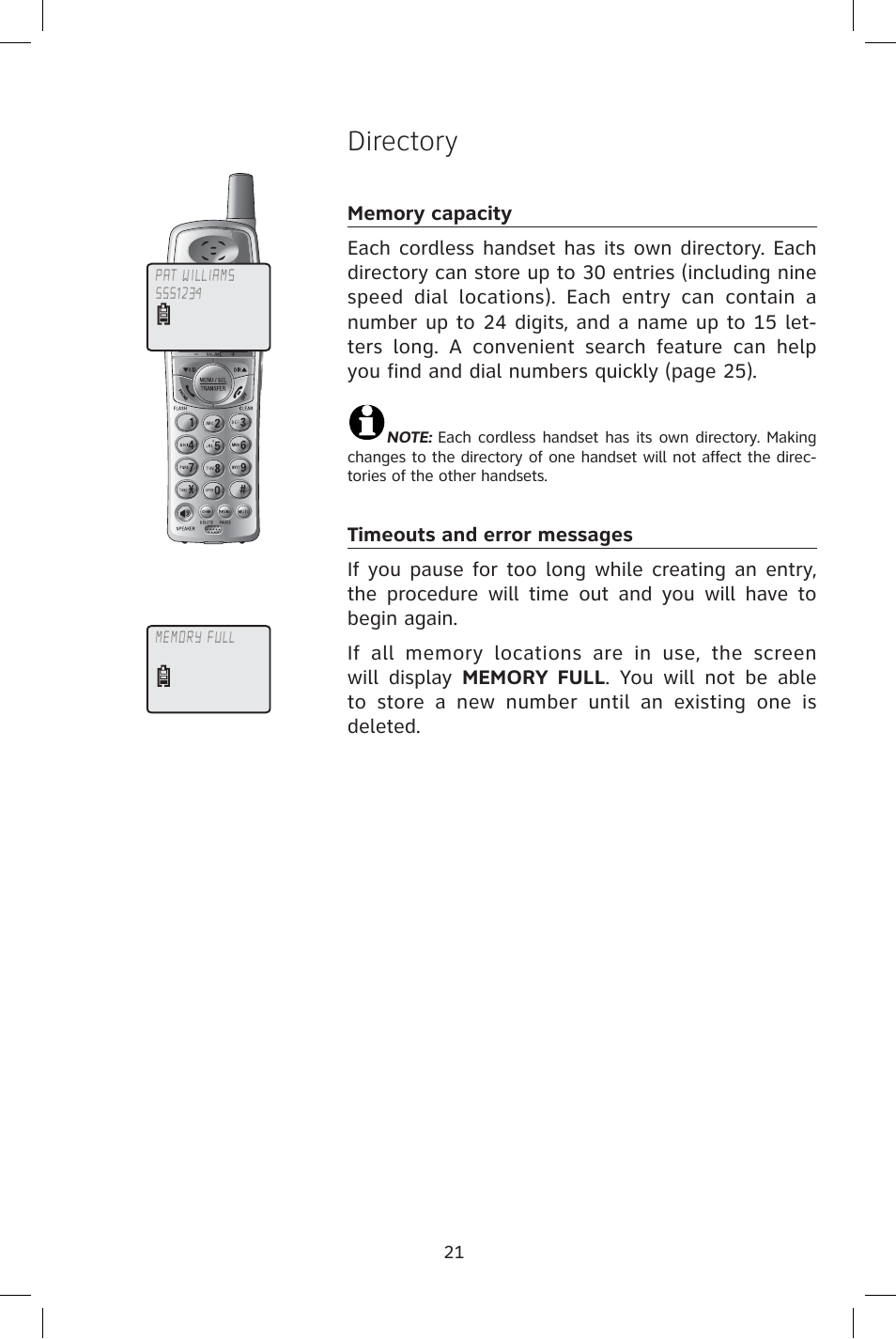 Directory, Timeouts and error messages, Memory capacity | AT&T E1814B User Manual | Page 24 / 65