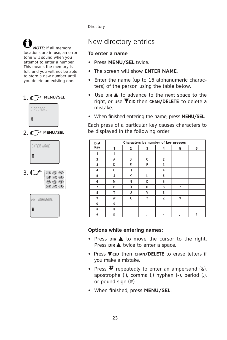 New directory entries, To enter a name, Options while entering names | AT&T E1814B User Manual | Page 26 / 65