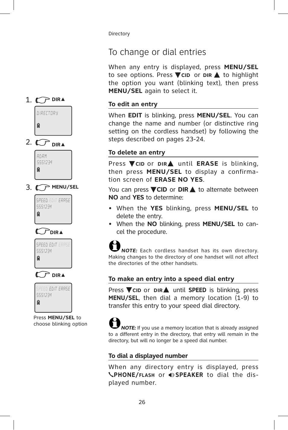 To change or dial entries, To edit an entry, To delete an entry | To make an entry into a speed dial entry, To dial a displayed number | AT&T E1814B User Manual | Page 29 / 65