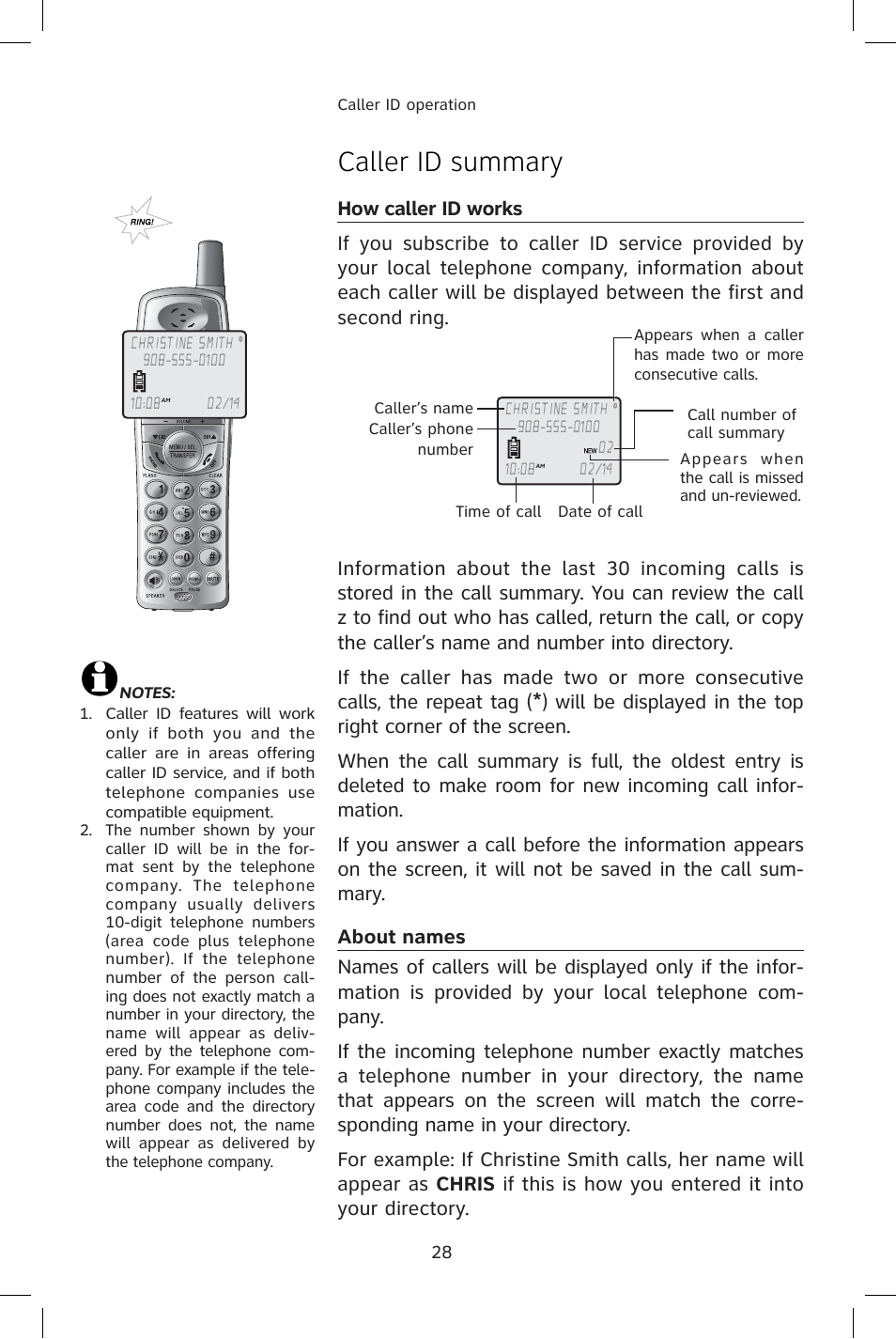 Caller id summary, How caller id works, About names | AT&T E1814B User Manual | Page 31 / 65